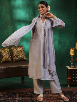 Libas - Grey Silk Blend Printed Kurta sets for Women