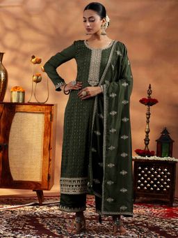 Libas - Olive Silk Blend Embroidered Kurta Sets for Women