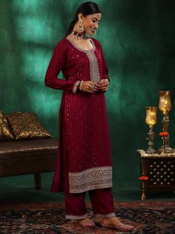 Libas - Burgundy Silk Blend Embroidered Kurta Sets for Women