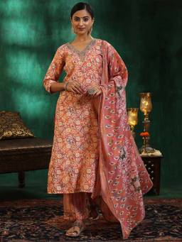 Libas - Peach Silk Blend Printed Kurta Sets for Women