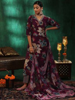 Libas - Burgundy Silk Blend Printed Kurta Sets for Women