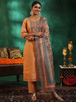 Libas - Orange Silk Blend Yoke Design Kurta Sets for Women