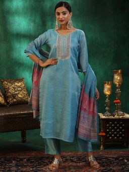Libas - Turquoise Blue Silk Blend Yoke Design Kurta Sets for Women