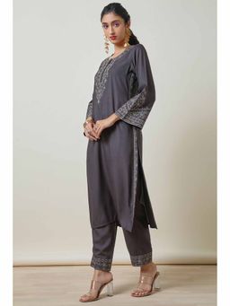 Soch - Women Charcoal Floral Embroidered Rayon Kurta & Pant (Set of 2)