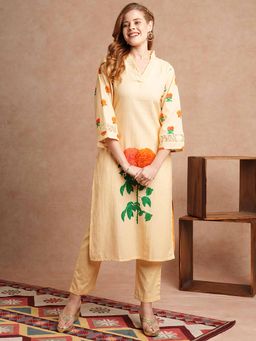 FASHOR - Yellow Embroidered Kurta with Pant (Set of 2)