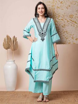 FASHOR - A-Line Blue Embroidered Mirror Work Kurta with Palazzo (Set of 2)