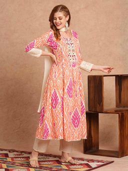 FASHOR - Peach Printed Anarkali Kurta with Pant & Dupatta (Set of 3)