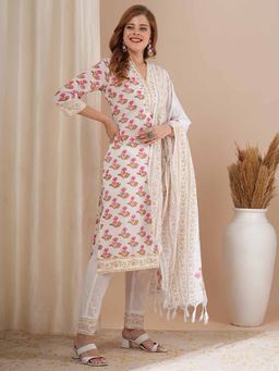 FASHOR - Off White Floral Print Kurta with Pant & Dupatta (Set of 3)