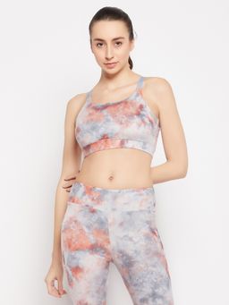 Clovia - Medium Impact Padded Tie-dye Print Sports Bra In Grey With Removable Cups