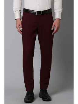 Louis Philippe - Men Maroon Slim Fit Solid Flat Front Formal Trousers