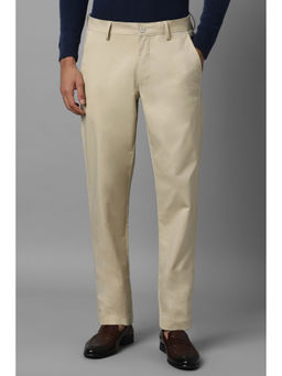 Louis Philippe - Men Beige Slim Tapered Fit Solid Flat Front Casual Trousers