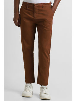 Peter England - Men Brown Solid Carrot Fit Casual Trousers