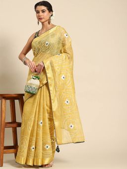 Odette - Yellow Cotton Embroidered Saree with Unstitched Blouse