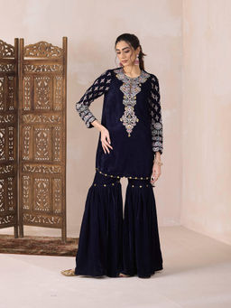 Inej - Navy Blue Short Kurti with Sharara (Set of 2)