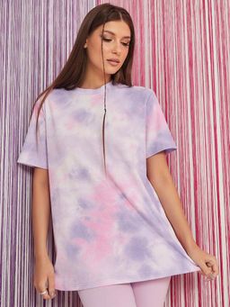 Styli - Multi-color Short Sleeves Ribbed Tie Dye Oversized Longline T-shirt