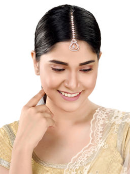 Saraf RS Jewellery - Rose Gold Plated Ad Studded Bell Shaped Handcrafted Maang Tika