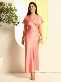 ZASTRAA - Women Peach V-Neck Solid Gathered Maxi Dress