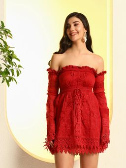 ZASTRAA - Women Red Embroidered Off Shoulder A-Line Mini Dress