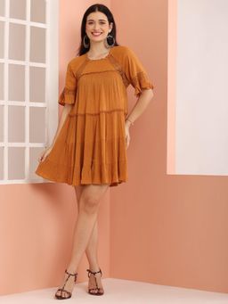 DEBONATELLA - Women Mustard Self Design Mini Dress