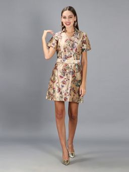 DEBONATELLA - Women Beige Satin Floral Printed Dress with Belt