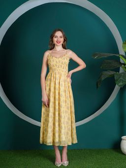 DEBONATELLA - Women Yellow Chiffon Smocked Floral Printed Maxi Dress