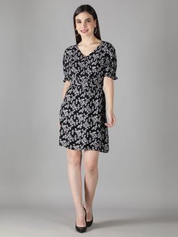 DEBONATELLA - Women Black Floral Printed Wrap Mini Dress
