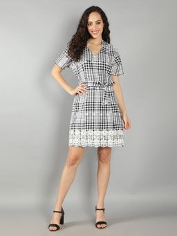 DEBONATELLA - Women Black and White Checks Mini Dress with Belt