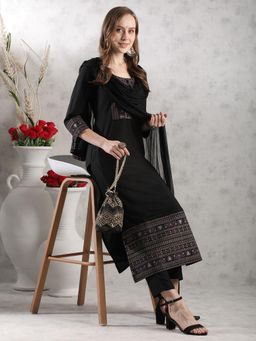 Gahan - Womens Black Viscose Rayon Straight Embroidered Kurta with Pant & Dupatta