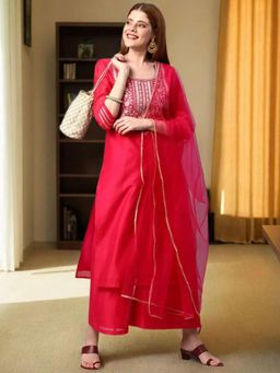 Gahan - Womens Viscose Rayon Straight Embroidered Kurta with Palazzo & Dupatta