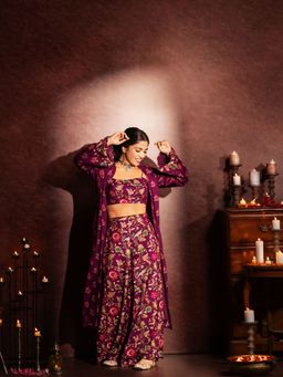 ISHIN - Women Ethnic Wear Purple Straight Viscose Satin Crop Top With Pant & Jacket (Set of 3)