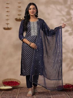 ISHIN - Women Silk Stripe Navy Blue Kurta With Pant & Dupatta (Set of 3)