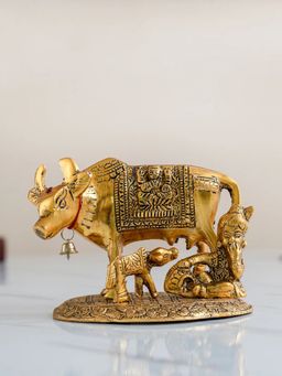 DecorTwist - Gold Metal Kamdhenu Cow & Calf with Krishna Statue Showpiece