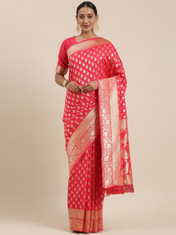 Sareemall - Women's Banarasi Red Woven Design Saree with Unstitched Blouse