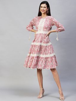 FASHOR - Ethnic Printed Tiered Flared Dress - Pink