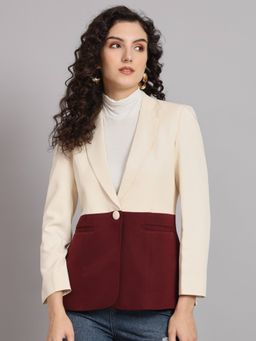 Powersutra - Colour Blocked Notch Collar Blazer Maroon And Cream