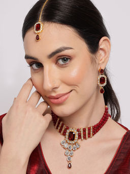 Sohi - Gold Plated White Red Stone Studded Pearl Beaded Jewellery (Set of 2)