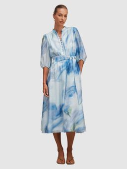 Forever New - Blue Abstract Flared Dress with Belt