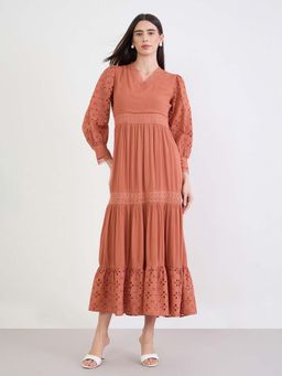 Styli - Rust Self Design A-Line Dress