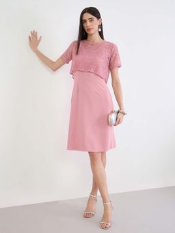 Styli - Pink Embroidered A-Line Dress