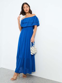 Styli - Navy Blue Self Design Flared Dress