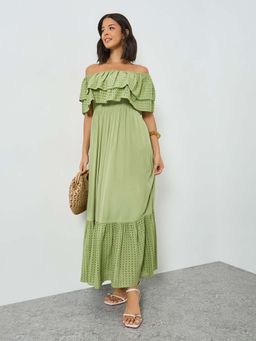 Styli - Olive Self Design Flared Dress