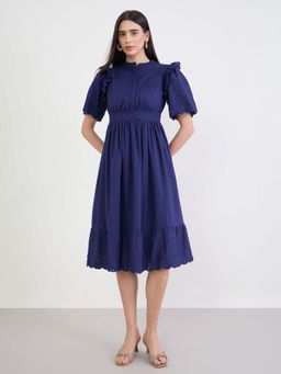 Styli - Navy Blue Embroidered Flared Dress