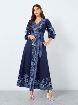Styli - Navy Blue Printed Wrap Dress