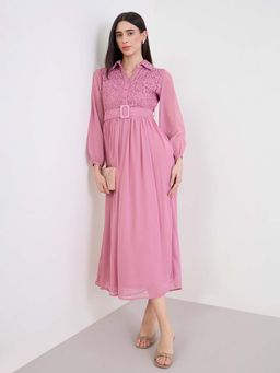 Styli - Pink Self Design A-Line Dress