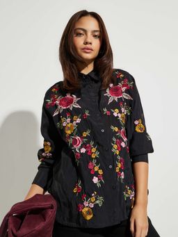 Styli - Black Embroidered Regular Fit Shirt