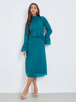 Styli - Teal Solid Plain A-Line Dress