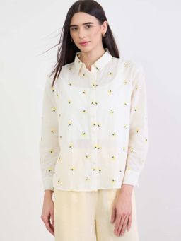 Styli - Off White Embroidered Oversized Shirt
