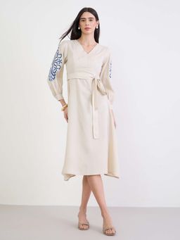 Styli - Cream Embroidered Flared Dress