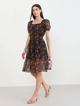 Styli - Black Printed Flared Dress