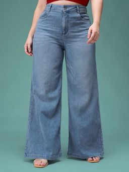 Miss Chase - Blue Solid Plain Wide Fit Jeans
